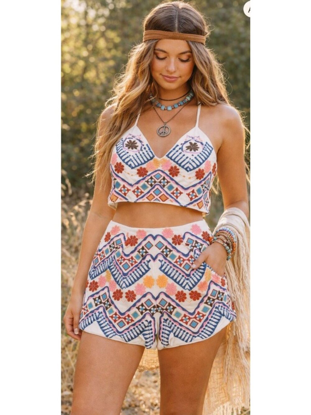 Luxxel Sz S Embroidered Boho Crop Top & Shorts 2-pc Set Small White Multi-Color